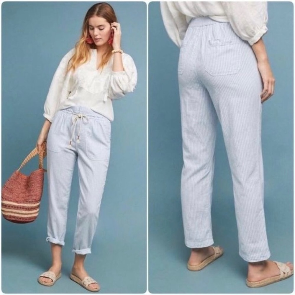 Anthropologie Seashore Blue & White Striped Linen Pants EUC